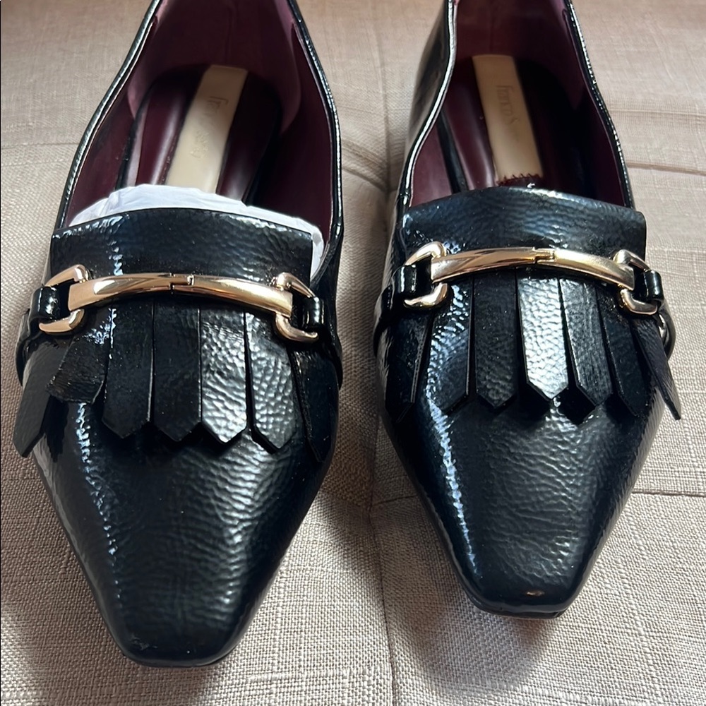 Franco Sarto Black Patent Pointed Kiltie Loafers with Gold Bit